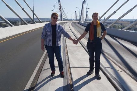 SYMBOLIC HANDSHAKE The two German diplomats, Ambassadors Anne Wagner-Mitchell (right) and Hellweg Margitt-Böette pose for a photo at Kazungula Bridge. The architectural splendor was constructed to facilitate trade and promote regional integration among other things.